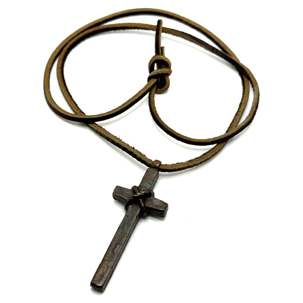 Vintage 1973 D.C. Dickerson Marriage Cross Necklace Bronze 30" Leather Cord